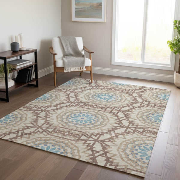 Homeroots 3' Floral Medallion Area Rug - Artichoke Green & Tan, Washable For Indoor & Outdoor Use, Durable Design 9' X 12' Polyester 578638