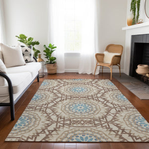 Homeroots 3' Floral Medallion Area Rug - Artichoke Green & Tan, Washable For Indoor & Outdoor Use, Durable Design 9' X 12' Polyester 578638