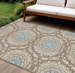 Homeroots 3' Floral Medallion Area Rug - Artichoke Green & Tan, Washable For Indoor & Outdoor Use, Durable Design 10' X 14' Polyester 578639