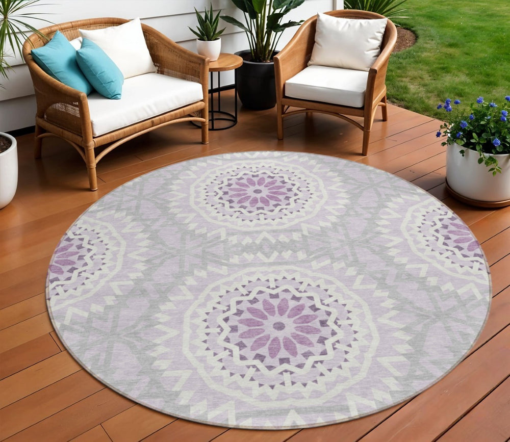HomeRoots 5' Timeless Lilac Purple and Ivory Floral Medallion Area Rug for Stylish Indoor and Outdoor Spaces 8' Round 578642