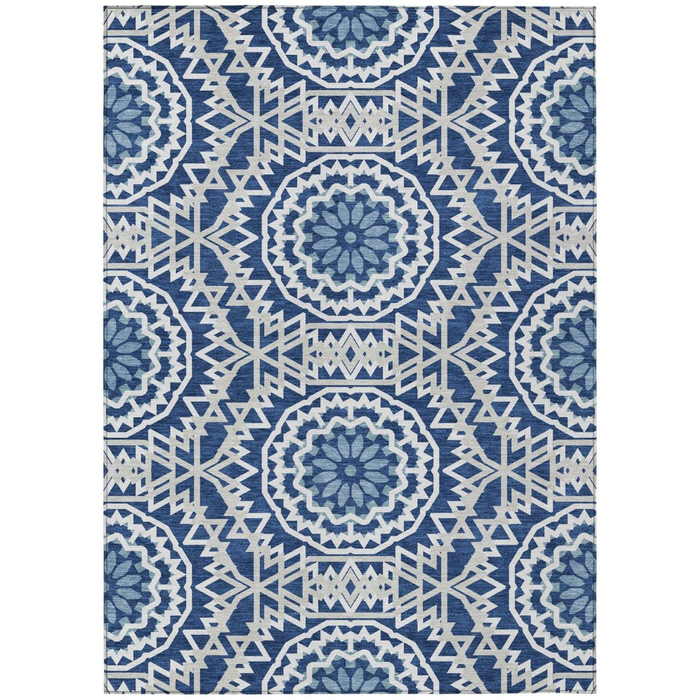 HomeRoots 5' Stunning Navy Blue Floral Medallion Area Rug – Washable, Indoor/Outdoor, Easy Care & Durable Design 5' X 8' 578647