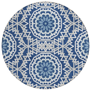 HomeRoots 5' Stunning Navy Blue Floral Medallion Area Rug – Washable, Indoor/Outdoor, Easy Care & Durable Design 8' Round 578648