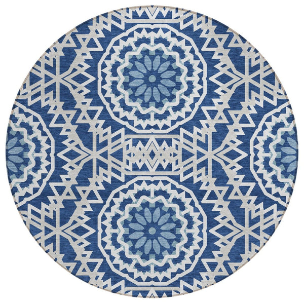 HomeRoots 5' Stunning Navy Blue Floral Medallion Area Rug – Washable, Indoor/Outdoor, Easy Care & Durable Design 8' Round 578648
