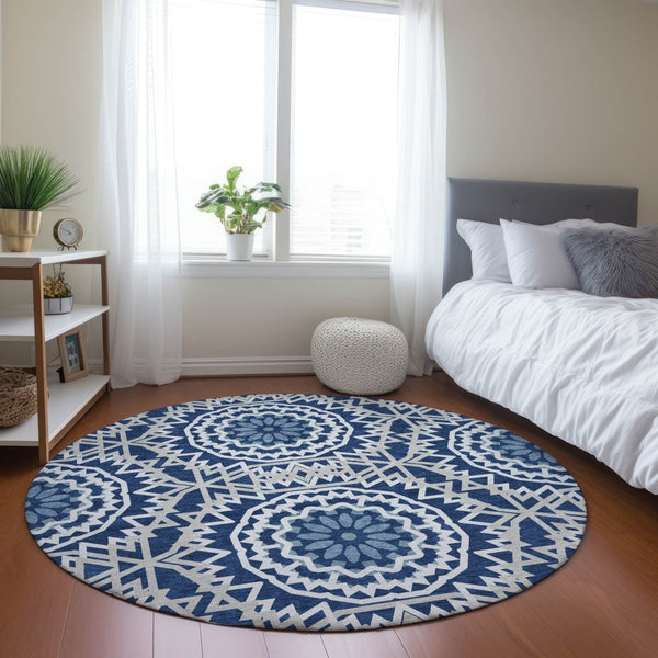 Homeroots 3' Floral Medallion Area Rug - Artichoke Green & Tan, Washable For Indoor & Outdoor Use, Durable Design 8' Round Polyester 578648