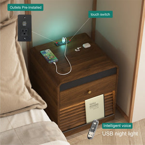 English Elm Nightstand Smart Bedside Cabinet with Led Strip Charging Station and Voice Night Light Wood W1321P413949