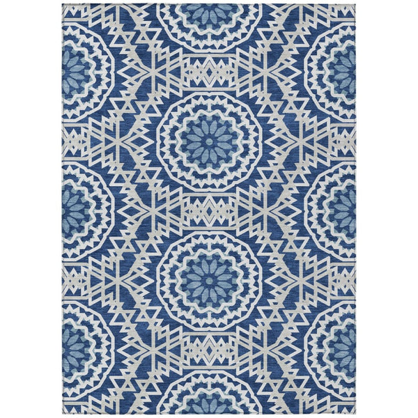 HomeRoots 5' Stunning Navy Blue Floral Medallion Area Rug – Washable, Indoor/Outdoor, Easy Care & Durable Design 10' X 14' 578651