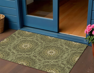 Homeroots 3' Floral Medallion Area Rug - Artichoke Green & Tan, Washable For Indoor & Outdoor Use, Durable Design 3' X 5' Polyester 578652