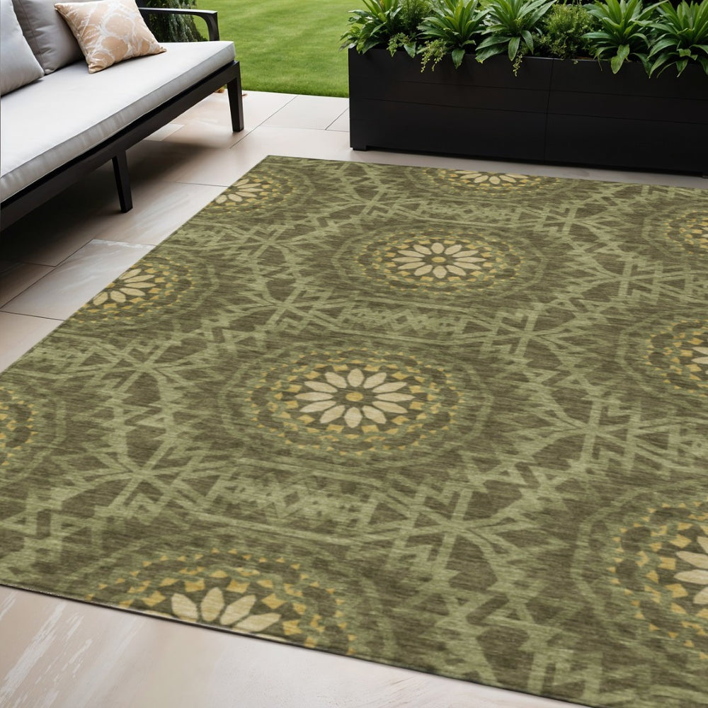 HomeRoots 5' Elegant Floral Medallion Area Rug - Olive Green & Gold Design for Indoor/Outdoor Durability 5' X 8' 578653