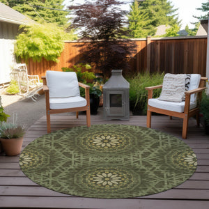 Homeroots 3' Floral Medallion Area Rug - Artichoke Green & Tan, Washable For Indoor & Outdoor Use, Durable Design 8' Round Polyester 578654