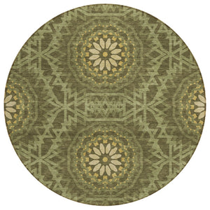 HomeRoots 5' Elegant Floral Medallion Area Rug - Olive Green & Gold Design for Indoor/Outdoor Durability 8' Round 578654