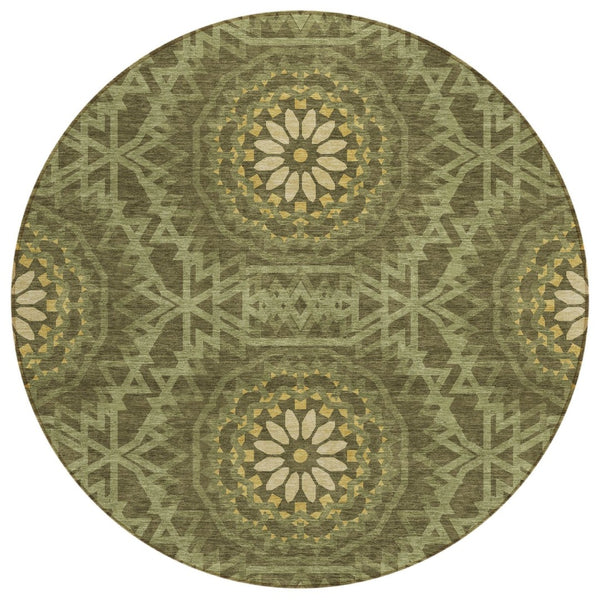 HomeRoots 5' Elegant Floral Medallion Area Rug - Olive Green & Gold Design for Indoor/Outdoor Durability 8' Round 578654