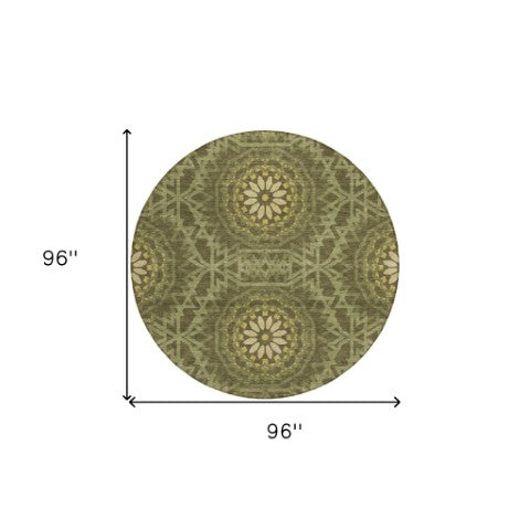 Homeroots 3' Floral Medallion Area Rug - Artichoke Green & Tan, Washable For Indoor & Outdoor Use, Durable Design 8' Round Polyester 578654