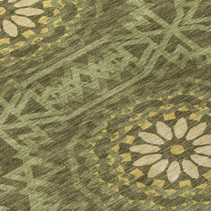 Homeroots 3' Floral Medallion Area Rug - Artichoke Green & Tan, Washable For Indoor & Outdoor Use, Durable Design 8' Round Polyester 578654
