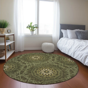Homeroots 3' Floral Medallion Area Rug - Artichoke Green & Tan, Washable For Indoor & Outdoor Use, Durable Design 8' Round Polyester 578654