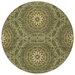 Homeroots 3' Floral Medallion Area Rug - Artichoke Green & Tan, Washable For Indoor & Outdoor Use, Durable Design 8' Round Polyester 578654