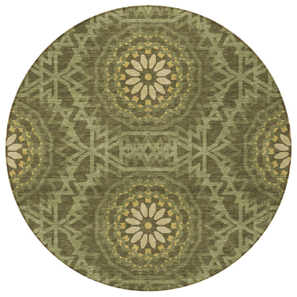 Homeroots 3' Floral Medallion Area Rug - Artichoke Green & Tan, Washable For Indoor & Outdoor Use, Durable Design 8' Round Polyester 578654