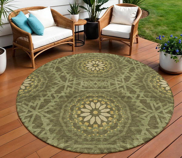 Homeroots 3' Floral Medallion Area Rug - Artichoke Green & Tan, Washable For Indoor & Outdoor Use, Durable Design 8' Round Polyester 578654