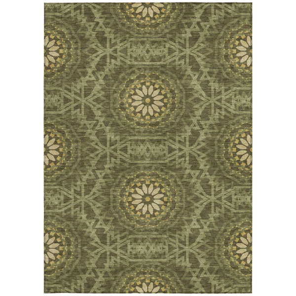 Homeroots 3' Floral Medallion Area Rug - Artichoke Green & Tan, Washable For Indoor & Outdoor Use, Durable Design 8' X 10' Polyester 578655