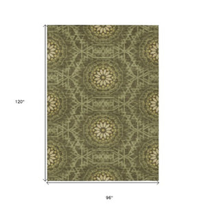 Homeroots 3' Floral Medallion Area Rug - Artichoke Green & Tan, Washable For Indoor & Outdoor Use, Durable Design 8' X 10' Polyester 578655