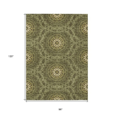 Homeroots 3' Floral Medallion Area Rug - Artichoke Green & Tan, Washable For Indoor & Outdoor Use, Durable Design 8' X 10' Polyester 578655