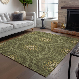 Homeroots 3' Floral Medallion Area Rug - Artichoke Green & Tan, Washable For Indoor & Outdoor Use, Durable Design 8' X 10' Polyester 578655