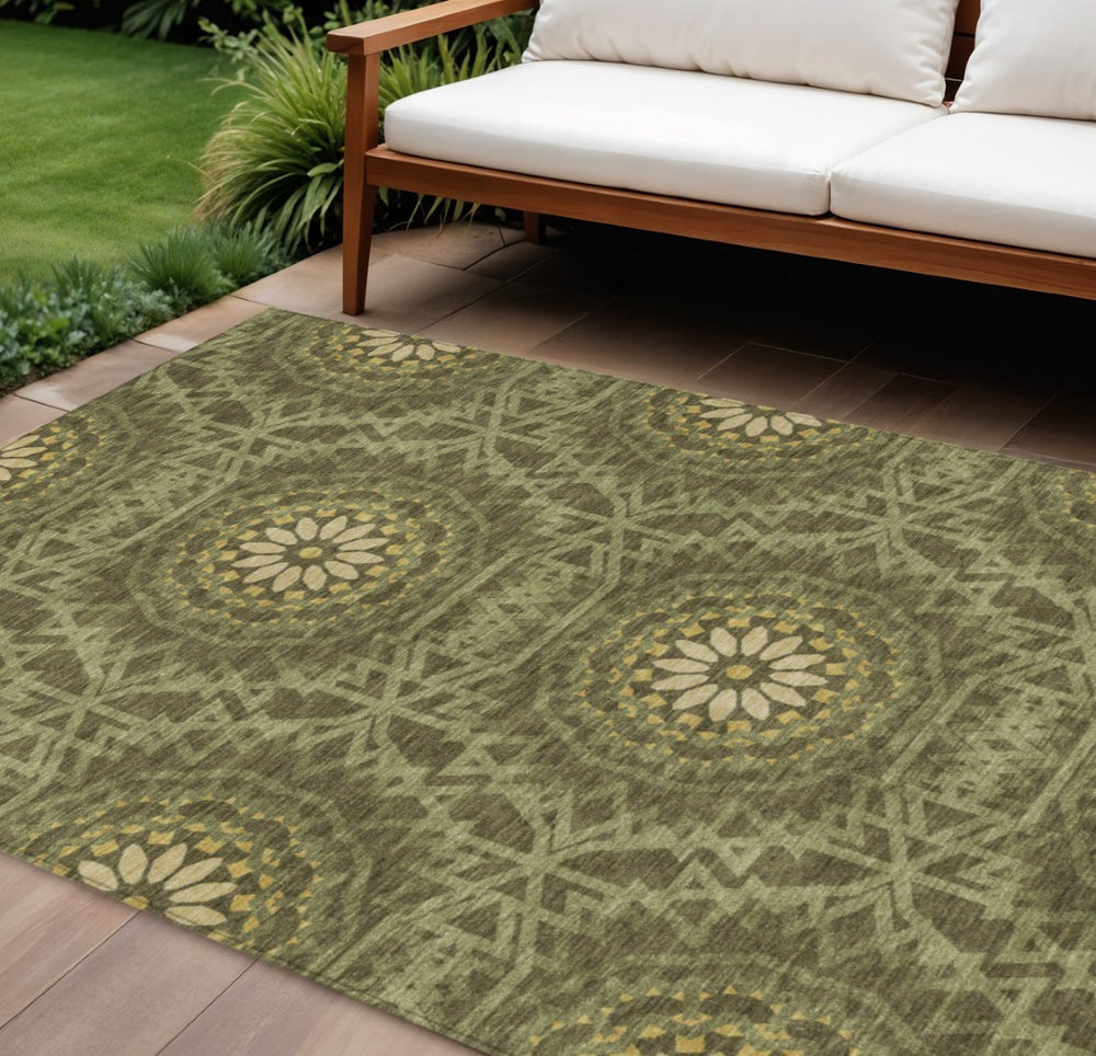 HomeRoots 9' Elegant Floral Medallion Area Rug in Olive Green and Gold - Durable, Washable Indoor/Outdoor Design 9' X 12' 578656