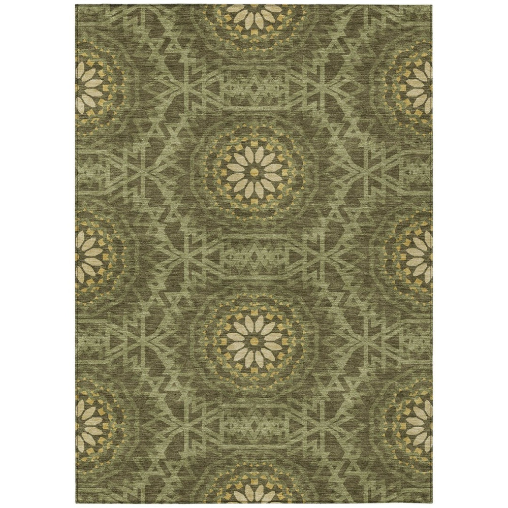 HomeRoots 9' Elegant Floral Medallion Area Rug in Olive Green and Gold - Durable, Washable Indoor/Outdoor Design 9' X 12' 578656