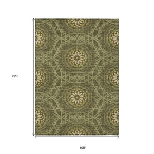 Homeroots 3' Floral Medallion Area Rug - Artichoke Green & Tan, Washable For Indoor & Outdoor Use, Durable Design 9' X 12' Polyester 578656