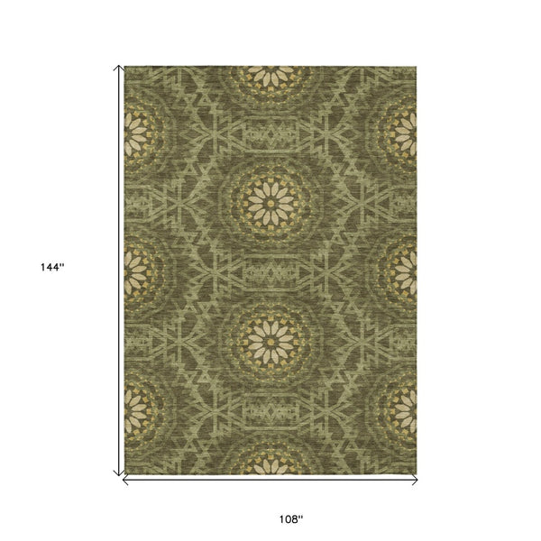 Homeroots 3' Floral Medallion Area Rug - Artichoke Green & Tan, Washable For Indoor & Outdoor Use, Durable Design 9' X 12' Polyester 578656
