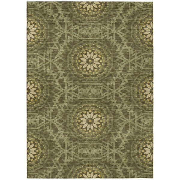 HomeRoots 5' Elegant Floral Medallion Area Rug - Olive Green & Gold Design for Indoor/Outdoor Durability 10' X 14' 578657