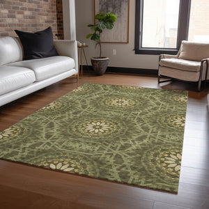 Homeroots 3' Floral Medallion Area Rug - Artichoke Green & Tan, Washable For Indoor & Outdoor Use, Durable Design 10' X 14' Polyester 578657
