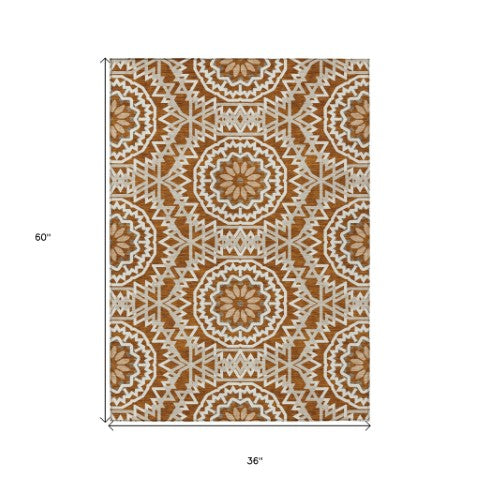 Homeroots 3' Floral Medallion Area Rug - Artichoke Green & Tan, Washable For Indoor & Outdoor Use, Durable Design 3' X 5' Polyester 578658