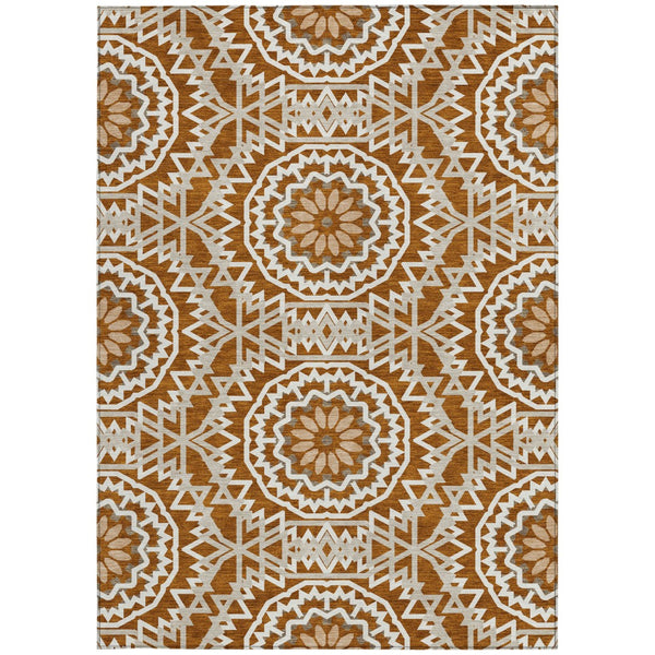 Homeroots 3' Floral Medallion Area Rug - Artichoke Green & Tan, Washable For Indoor & Outdoor Use, Durable Design 5' X 8' Polyester 578659