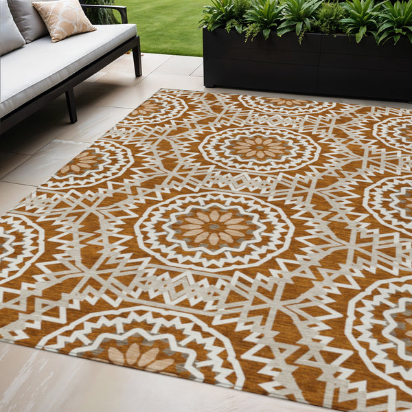 Homeroots 3' Floral Medallion Area Rug - Artichoke Green & Tan, Washable For Indoor & Outdoor Use, Durable Design 5' X 8' Polyester 578659