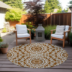 Homeroots 3' Floral Medallion Area Rug - Artichoke Green & Tan, Washable For Indoor & Outdoor Use, Durable Design 8' Round Polyester 578660