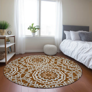 Homeroots 3' Floral Medallion Area Rug - Artichoke Green & Tan, Washable For Indoor & Outdoor Use, Durable Design 8' Round Polyester 578660