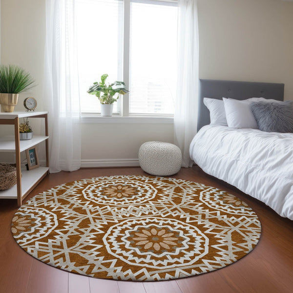 Homeroots 3' Floral Medallion Area Rug - Artichoke Green & Tan, Washable For Indoor & Outdoor Use, Durable Design 8' Round Polyester 578660