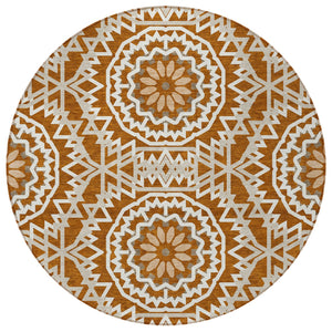Homeroots 3' Floral Medallion Area Rug - Artichoke Green & Tan, Washable For Indoor & Outdoor Use, Durable Design 8' Round Polyester 578660