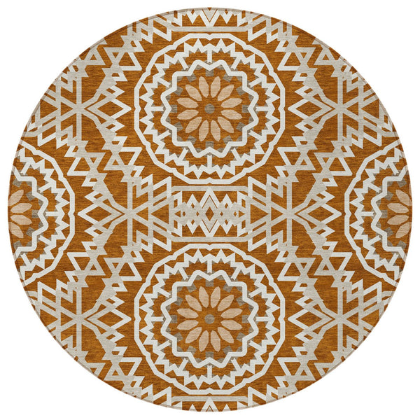 Homeroots 3' Floral Medallion Area Rug - Artichoke Green & Tan, Washable For Indoor & Outdoor Use, Durable Design 8' Round Polyester 578660