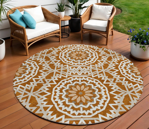 Homeroots 3' Floral Medallion Area Rug - Artichoke Green & Tan, Washable For Indoor & Outdoor Use, Durable Design 8' Round Polyester 578660