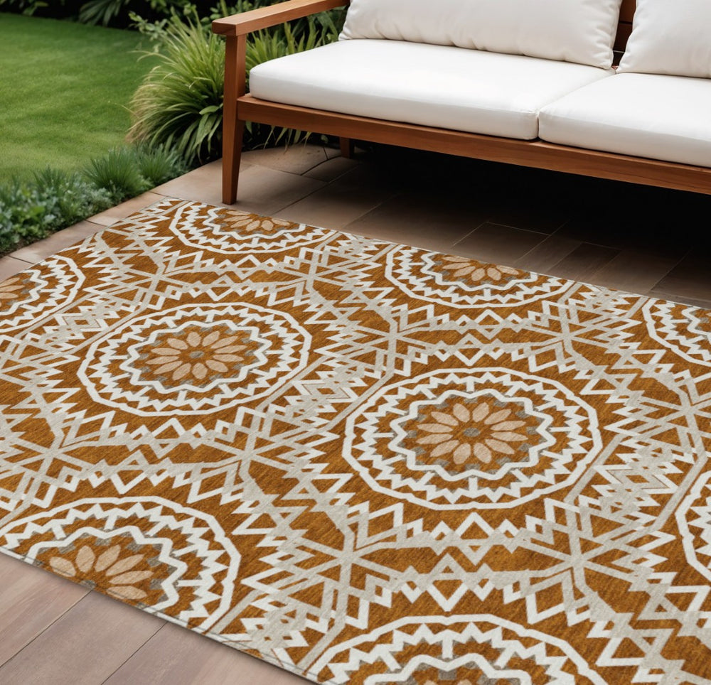 HomeRoots 9' Floral Medallion Area Rug in Orange, Copper & Beige - Washable, Durable for Indoor & Outdoor Use 9' X 12' 578662