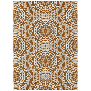 HomeRoots 9' Floral Medallion Area Rug in Orange, Copper & Beige - Washable, Durable for Indoor & Outdoor Use 9' X 12' 578662