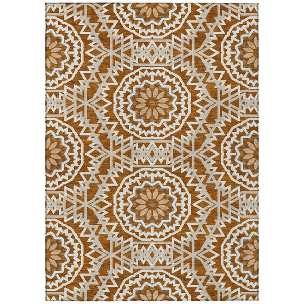 HomeRoots 9' Floral Medallion Area Rug in Orange, Copper & Beige - Washable, Durable for Indoor & Outdoor Use 9' X 12' 578662