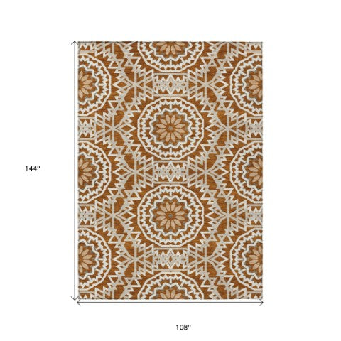 Homeroots 3' Floral Medallion Area Rug - Artichoke Green & Tan, Washable For Indoor & Outdoor Use, Durable Design 9' X 12' Polyester 578662