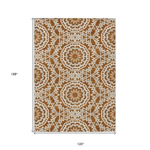 Homeroots 3' Floral Medallion Area Rug - Artichoke Green & Tan, Washable For Indoor & Outdoor Use, Durable Design 10' X 14' Polyester 578663