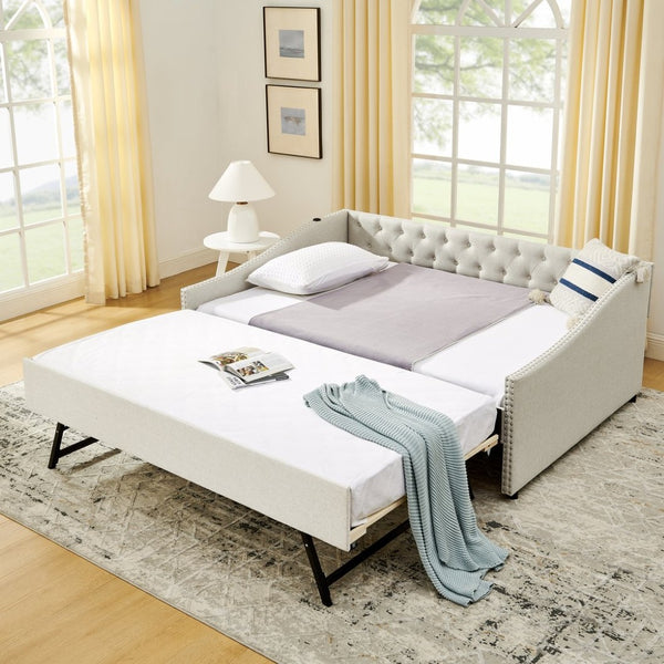 English Elm Full Size Upholstered Daybed with Trundle Usb Ports Tufted Back Wave Arms W1413S00158