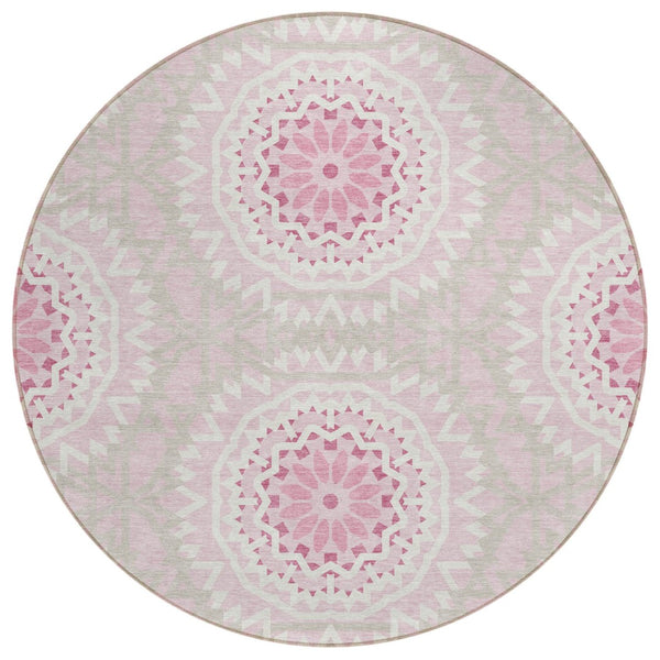 HomeRoots 5' Pink Blush and Ivory Floral Medallion Area Rug - Washable, Durable, Perfect for Indoor/Outdoor Use 8' Round 578666