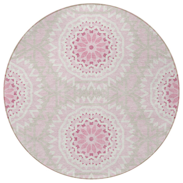 Homeroots 3' Floral Medallion Area Rug - Artichoke Green & Tan, Washable For Indoor & Outdoor Use, Durable Design 8' Round Polyester 578666