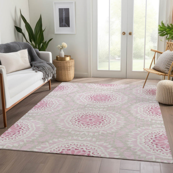 Homeroots 3' Floral Medallion Area Rug - Artichoke Green & Tan, Washable For Indoor & Outdoor Use, Durable Design 8' X 10' Polyester 578667