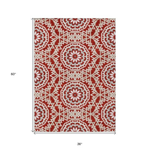 Homeroots 3' Floral Medallion Area Rug - Artichoke Green & Tan, Washable For Indoor & Outdoor Use, Durable Design 3' X 5' Polyester 578670